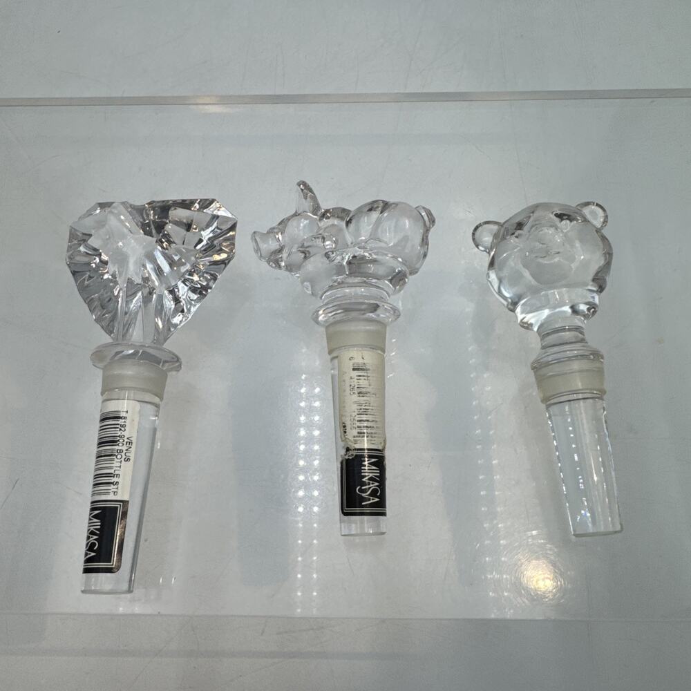 Mikasa Crystal Wine Bottle Stopper Clear Glass Set Of 3 Bear, Pig, Heart